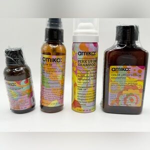 Amika travel set exp 9/2015 sealed- shampoo, dry shampoo, oil treatment, blow up